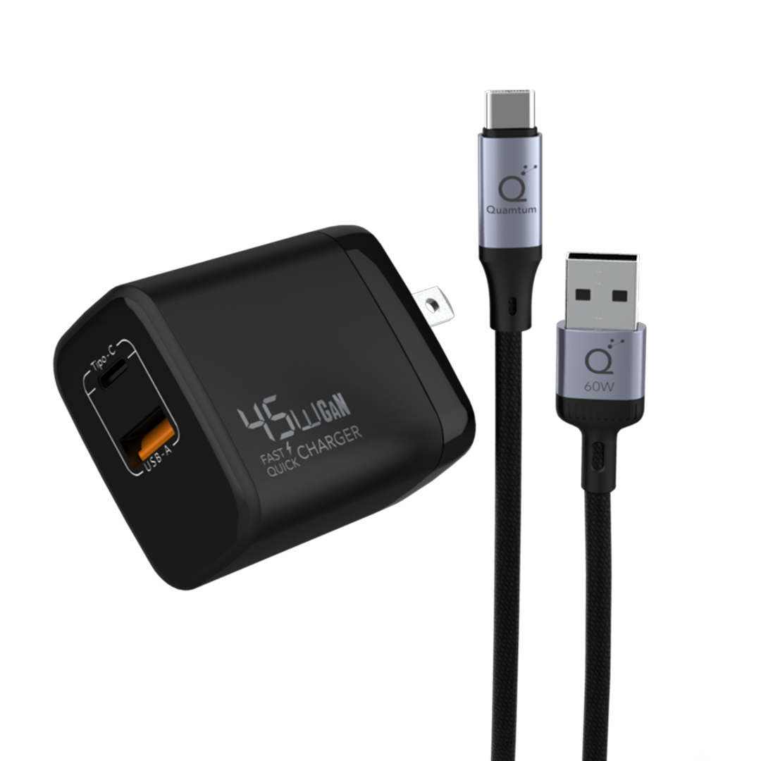 Kit Cargador Familiar 45W GaN — USB-C + USB-A con Cable Trenzado 2 Metros Quamtum