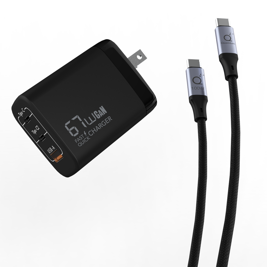 Kit Carga Rápida 67W para Laptop y Viaje — 3 Puertos GaN + Cable USB-C 100W 2 Metros Quamtum