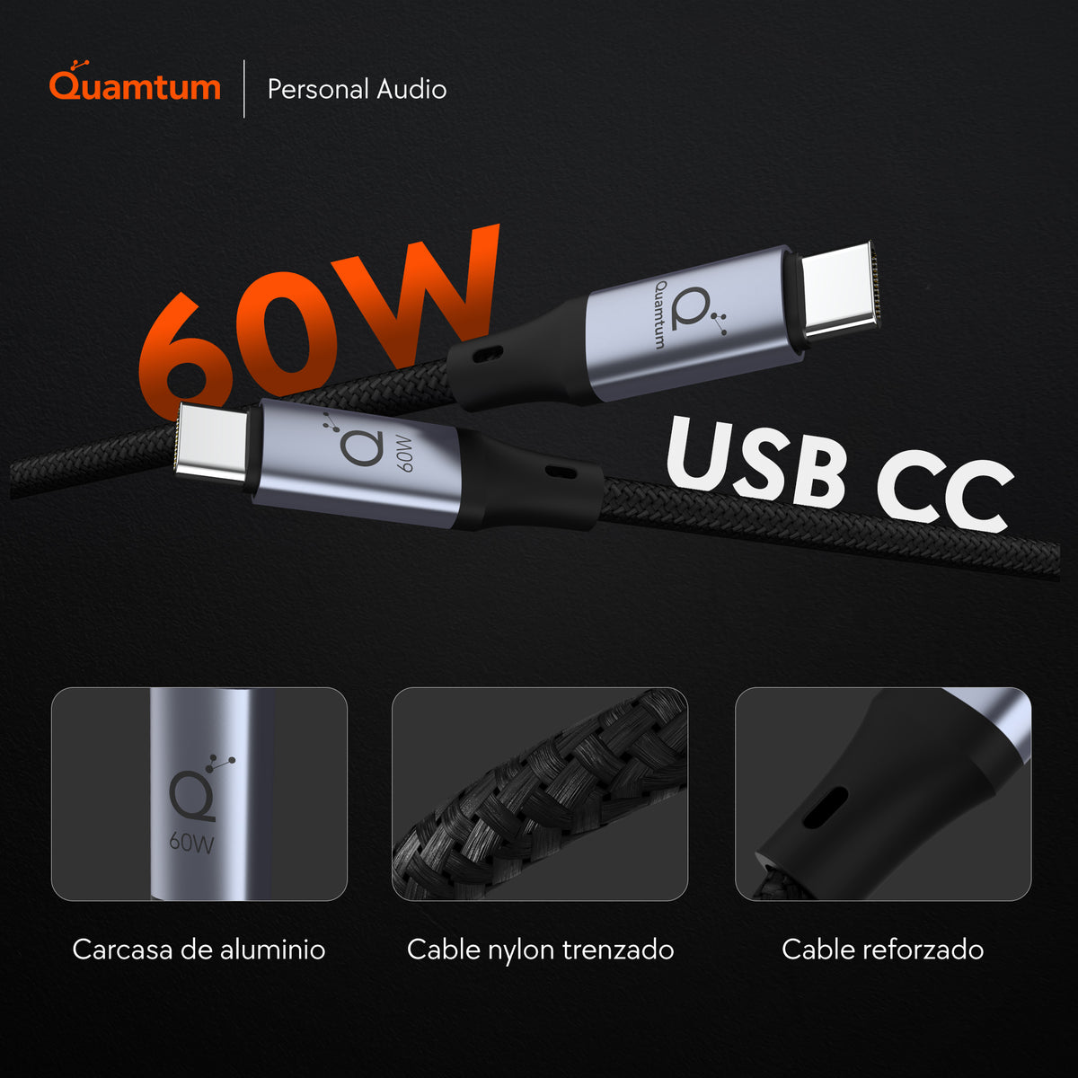 Quamtum Cable USB-C a USB-C 60W — Carga Rápida Trenzado Premium con 8 años de Garantía