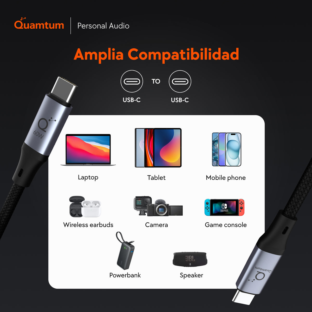 Quamtum Cable USB-C a USB-C 100W — | PD 3.0 | Chip E-Marker | 2 Metros | Garantía 8 Años