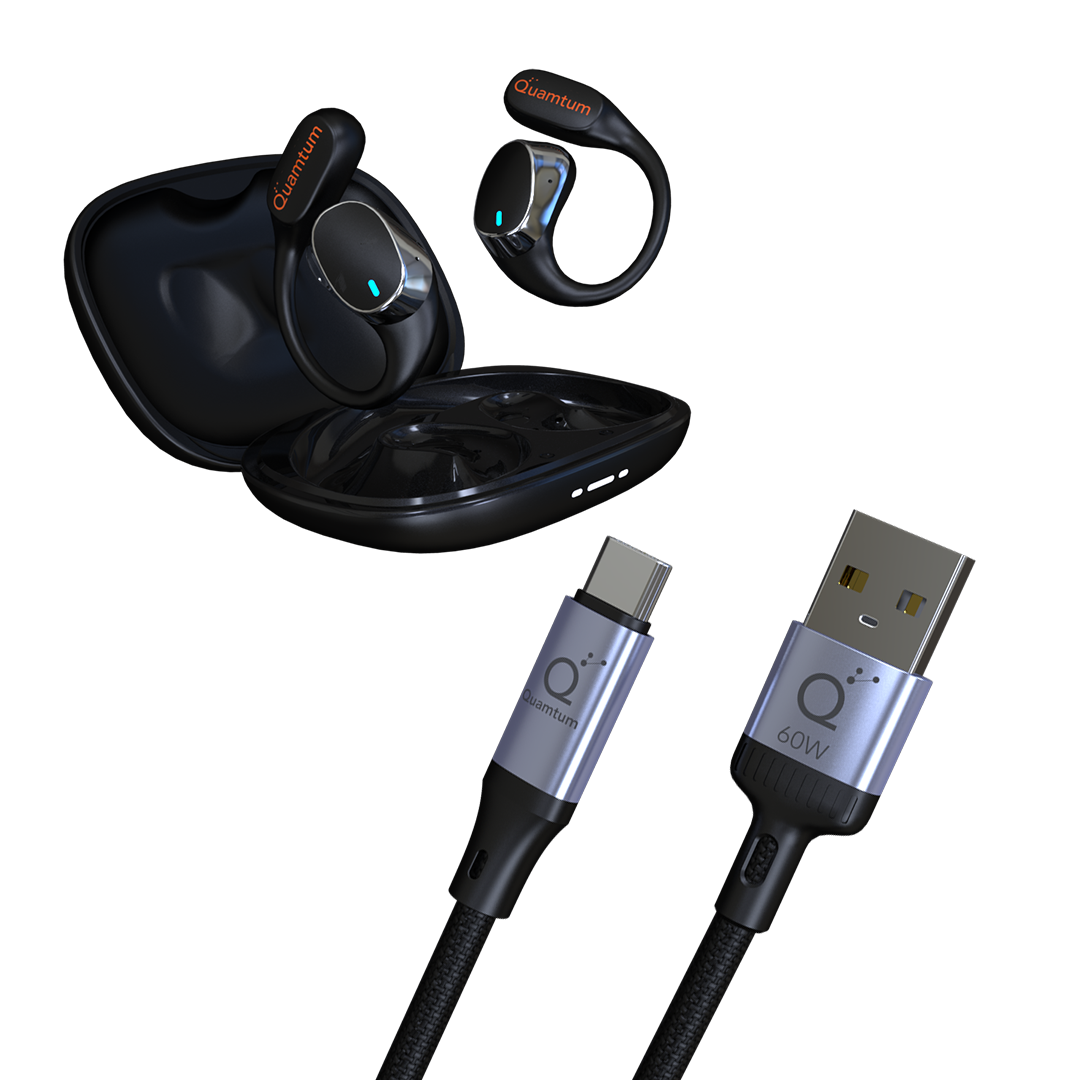 KIt Office Audífonos Pro Active X1 Oído Abierto con Bluetooth 5.3 y 18 Horas + Cable USB-C 60W 2 Metros Quamtum