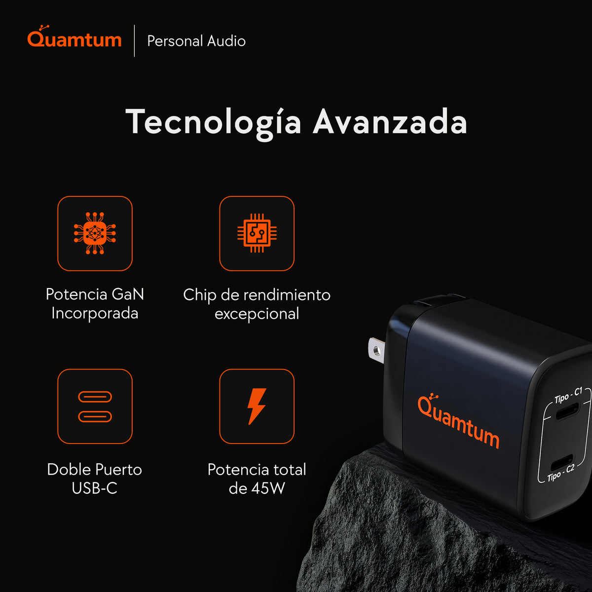 Cargador GaN 45W Doble USB-C Quamtum | PD 3.0 PPS Carga Dos Dispositivos a la Vez