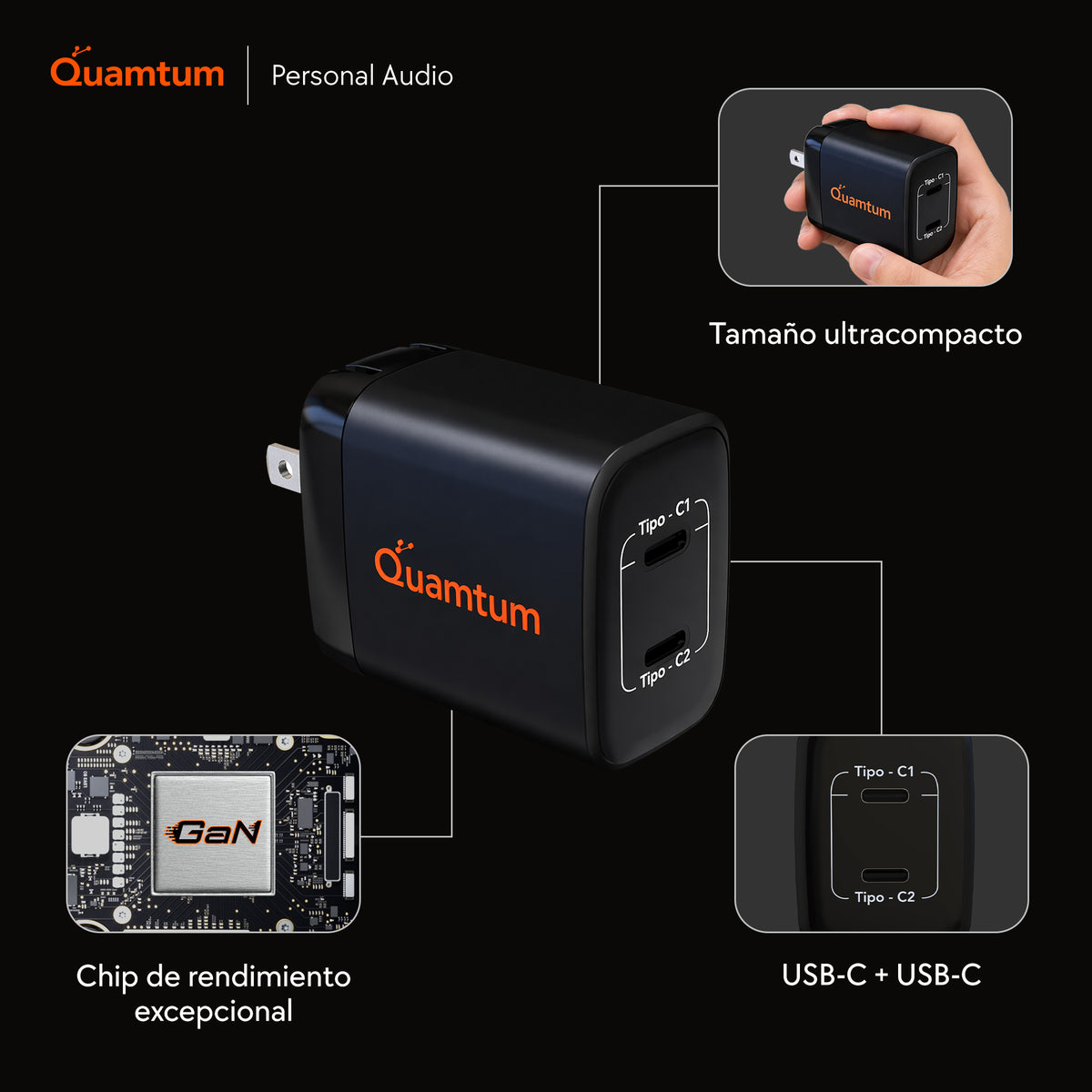 Cargador GaN 45W Doble USB-C Quamtum | PD 3.0 PPS Carga Dos Dispositivos a la Vez