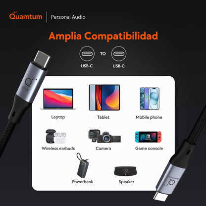 Quamtum Cable USB-C a USB-C 100W — | PD 3.0 | Chip E-Marker | 2 Metros | Garantía 8 Años